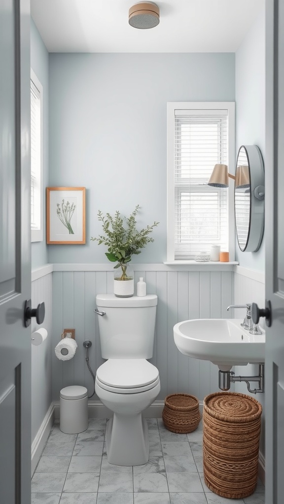 A small bathroom painted in Breezy Sky Gray with a white toilet, sink, and decorative elements.