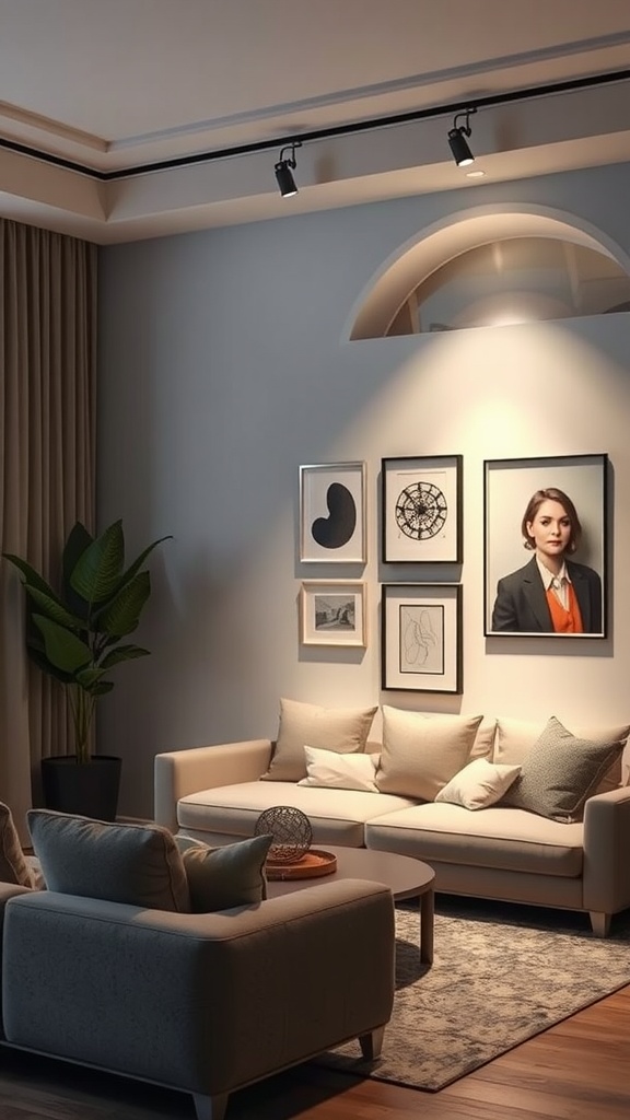 A cozy living room with track lighting highlighting framed art pieces on the wall.