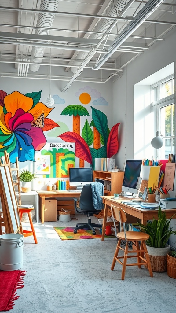 Bright creative studio with colorful mural, workstations, and natural light