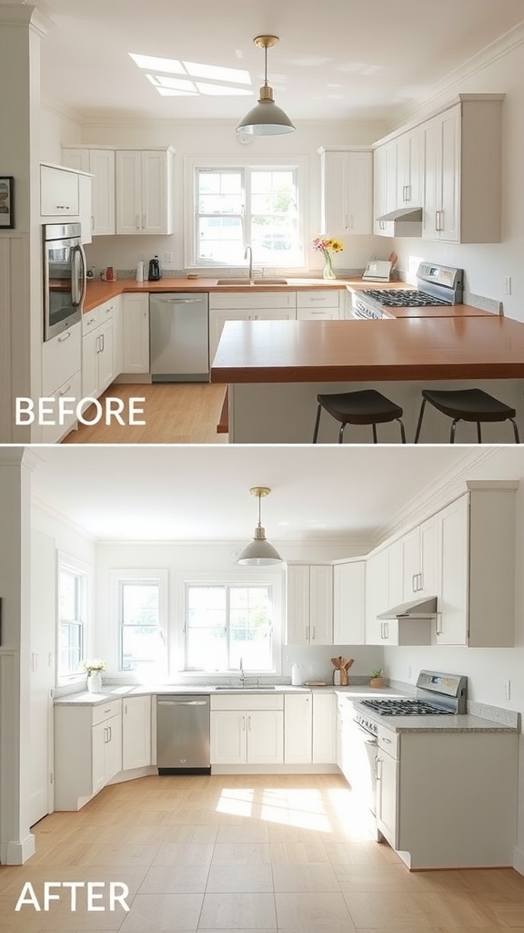 Before and after comparison of a kitchen remodel showcasing bright and airy design.