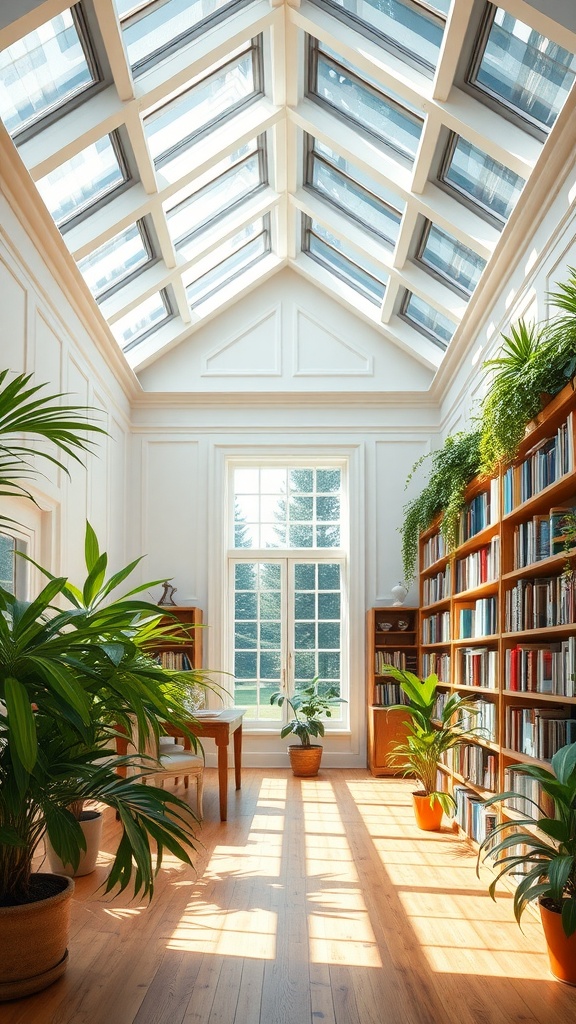 A bright library with skylights, wooden flooring, and bookshelves filled with books, surrounded by houseplants.