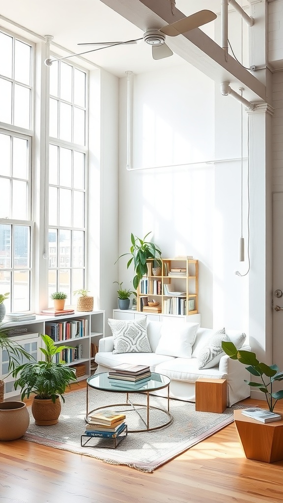 Bright and airy loft reading nook with large windows, white sofa, and plants