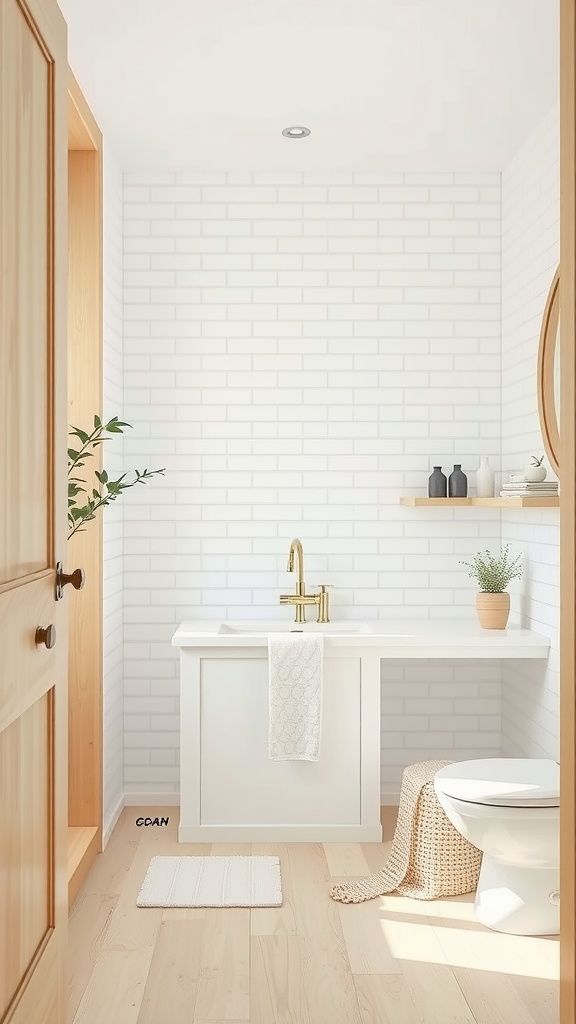 Bright and airy modern bathroom with white walls and wooden accents