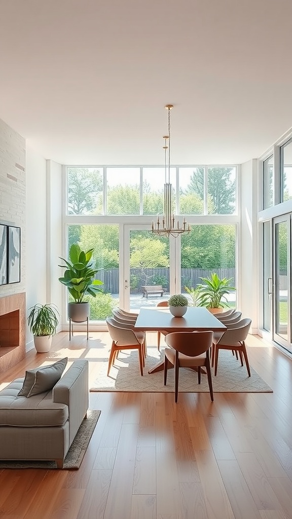 Bright and airy living room dining room combo with large windows and plants