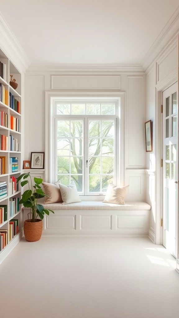 A bright and airy home library with white decor, featuring a window seat and colorful bookshelves.