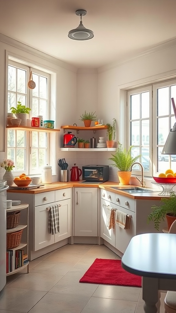 A bright and airy small kitchen with large windows, colorful plants, and a warm wooden countertop.