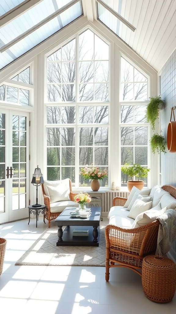 Bright sunroom with large windows, wicker furniture, and greenery.