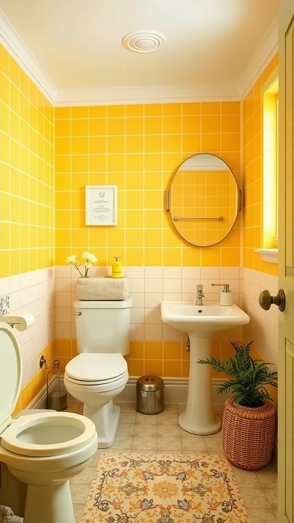 Bathroom with bright yellow tiled walls, a round mirror, and decorative elements