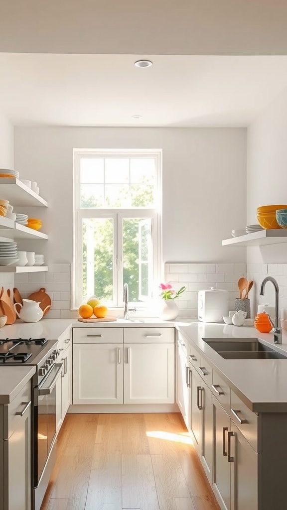 Small modern kitchen with open shelving and colorful dishware, bright natural light