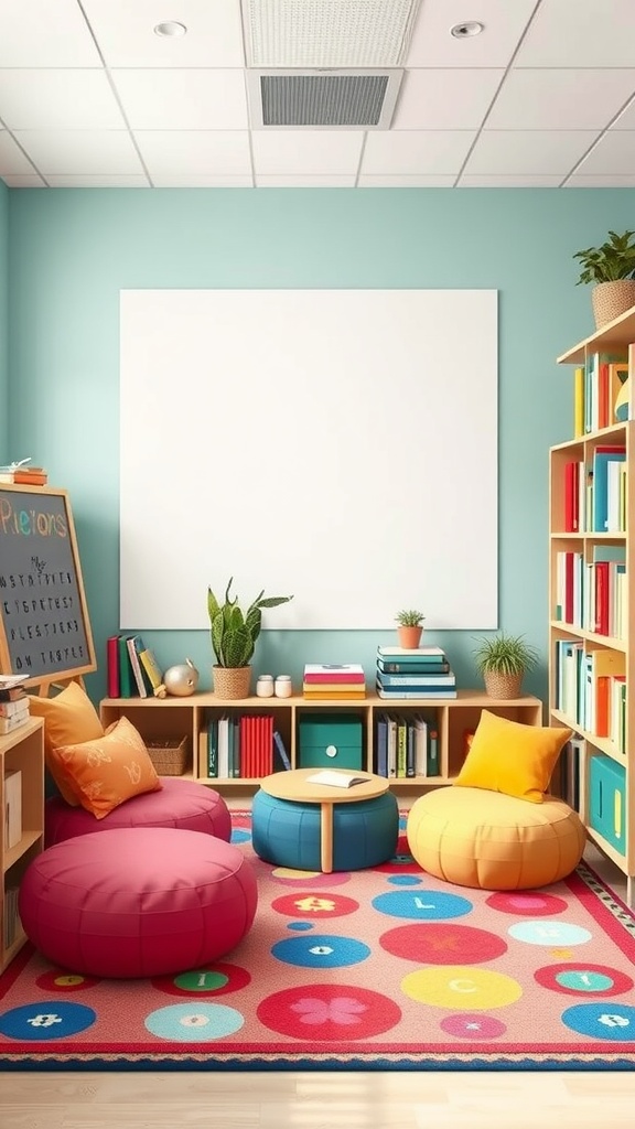 A cozy and colorful reading corner in a classroom featuring poufs, a rug, bookshelves, and plants.