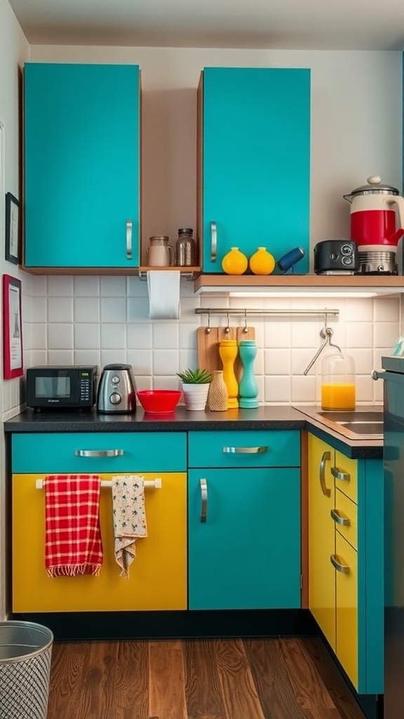 A small kitchen with bright teal and yellow cabinets, colorful kitchen accessories, and a warm, inviting look.