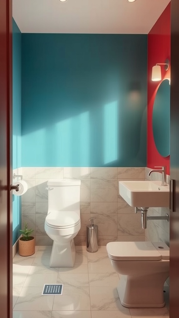 A modern bathroom with a teal accent wall and a red section, featuring a toilet and sink.