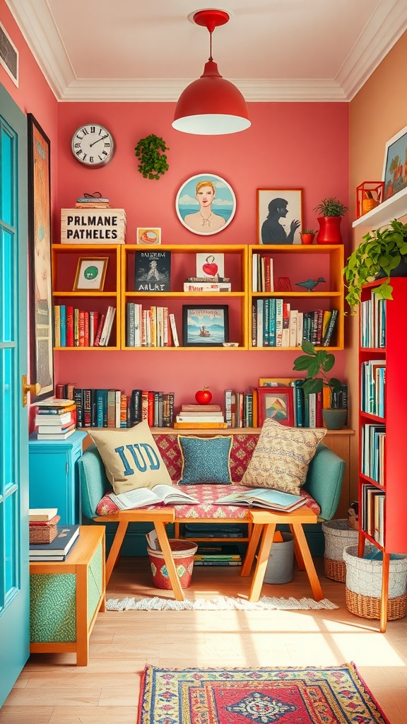 A colorful reading nook with coral walls, eclectic decor, and a cozy couch