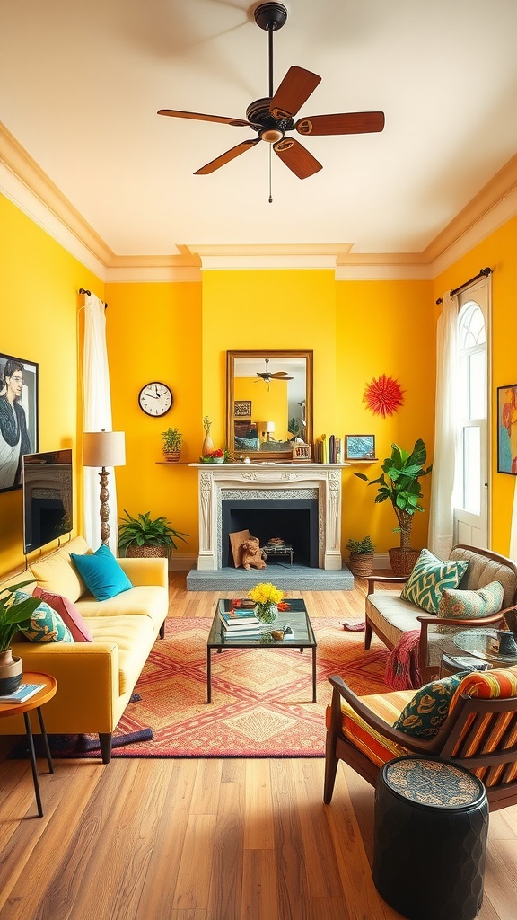 A bright yellow living room with stylish furniture and decor.
