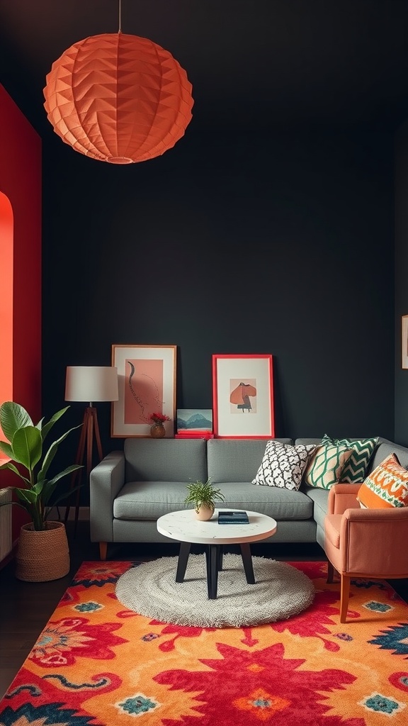 A cozy living room with dark walls and bright coral accents in decor.