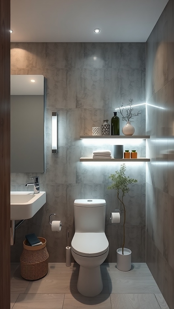 A modern bathroom featuring LED strip lighting under shelves, enhancing decorative items.