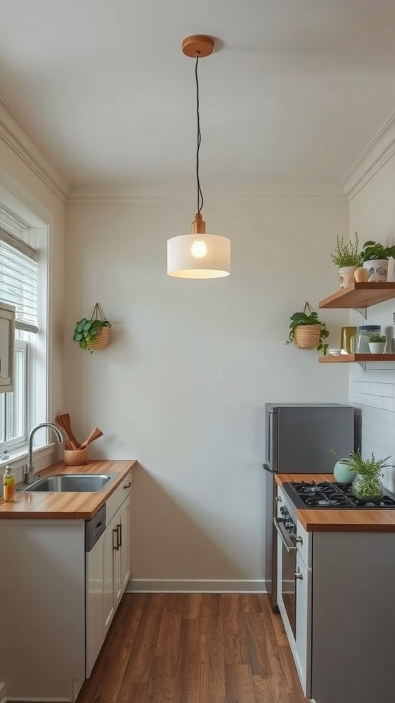 A small kitchen featuring a pendant light, wooden countertops, and open shelving with plants.