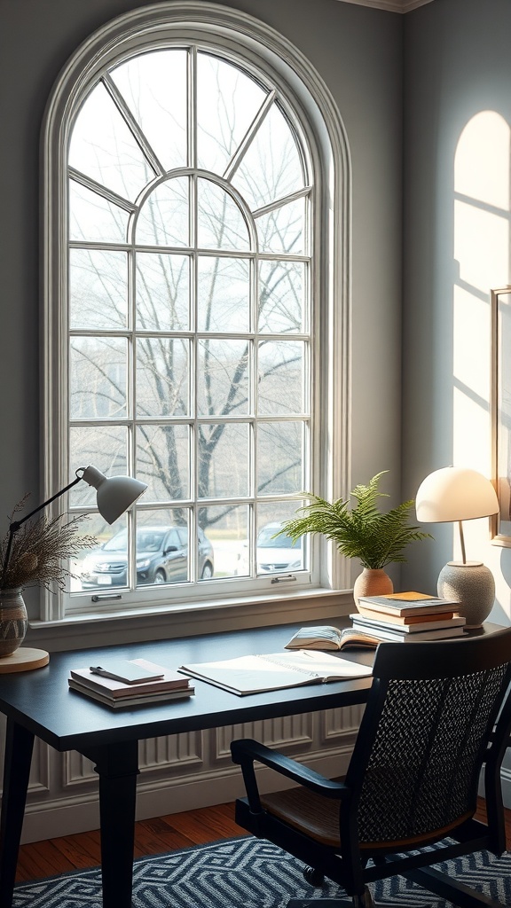 A bright home office with a large window, desk, and lamp, showcasing effective lighting strategies.