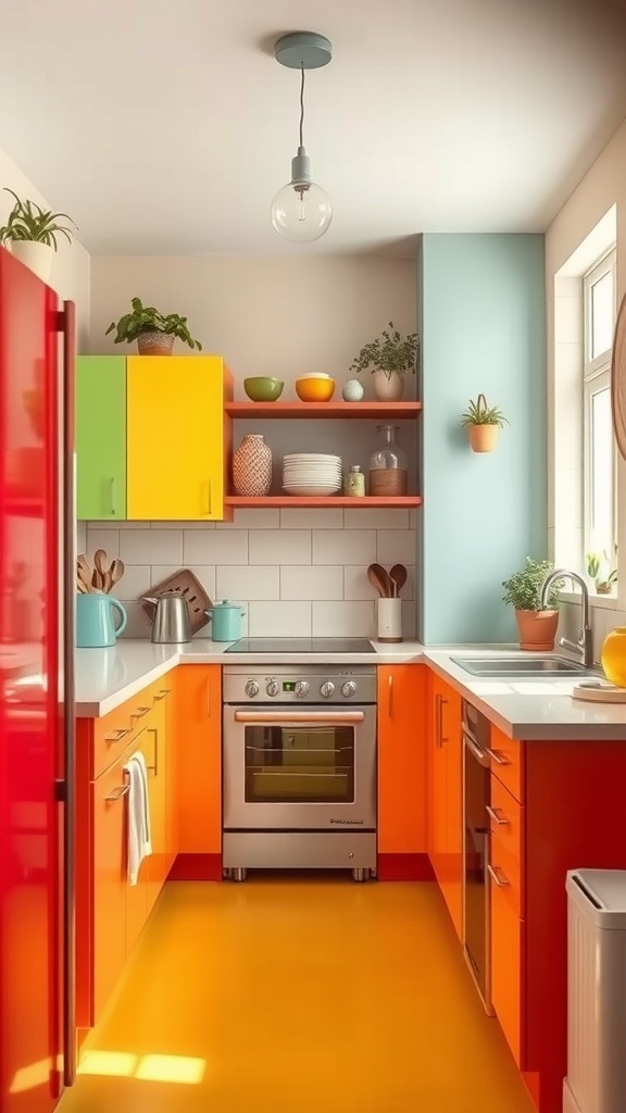 A small apartment kitchen featuring bright orange and yellow cabinets, a red refrigerator, and colorful decor.