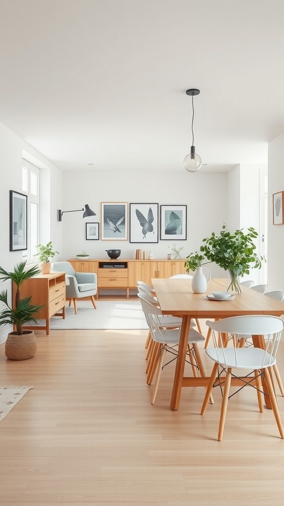 A bright Scandinavian living and dining area featuring wooden furniture, white chairs, and houseplants.