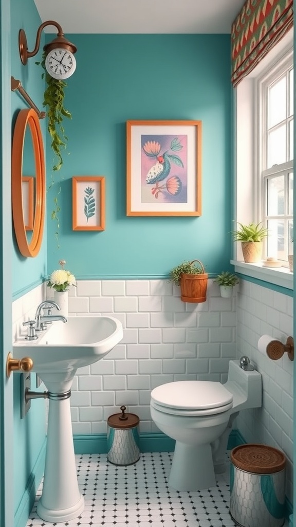 A small bathroom featuring bright teal walls, white tiles, and decorative elements.