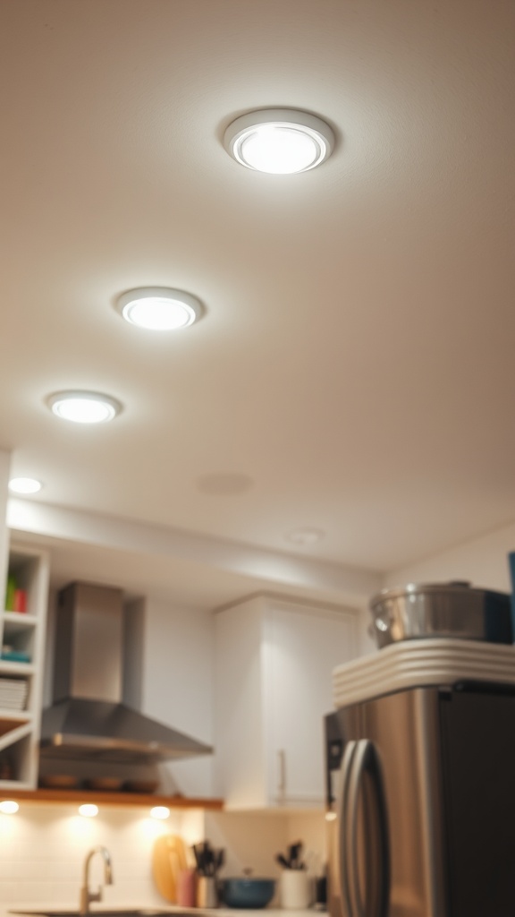 Recessed bright white lighting in a kitchen