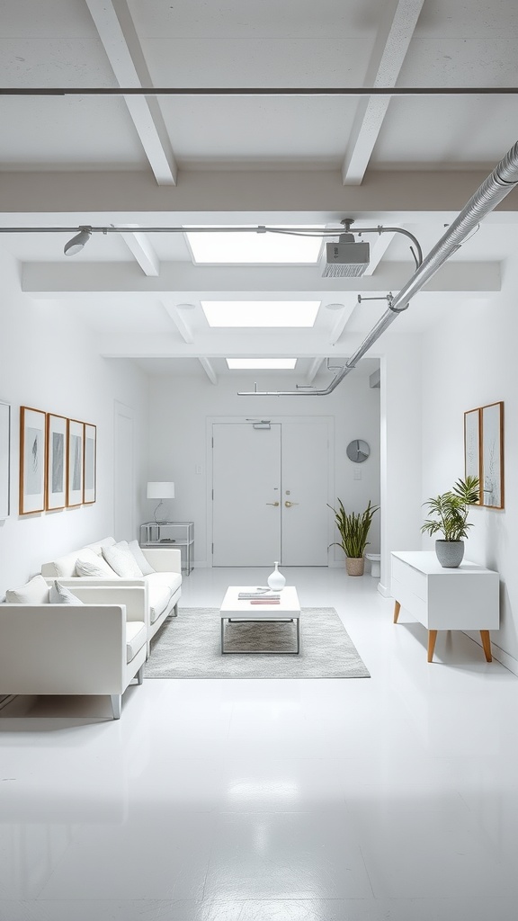 A bright white basement with a modern design featuring a white couch, white walls, and natural light.