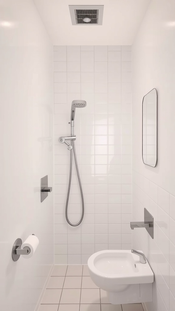 A small, modern bathroom featuring bright white tiles and fixtures.