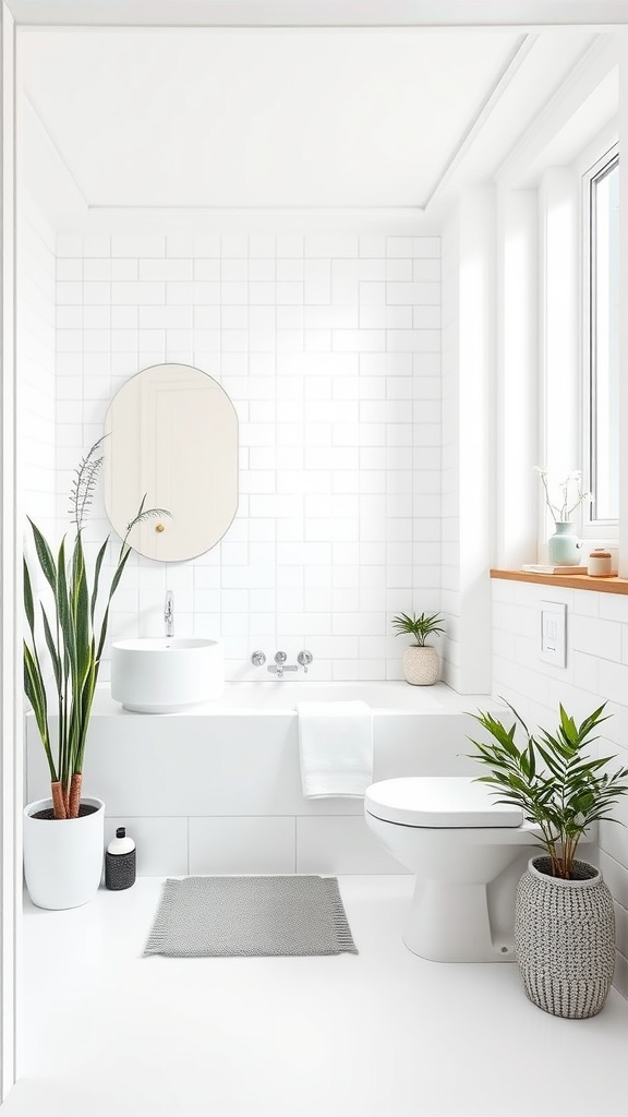 A modern bright white bathroom with plants and minimalist design