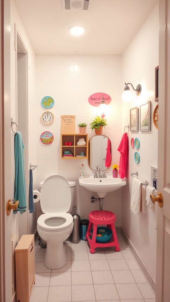Small bathroom with bright white walls and colorful bathroom accessories