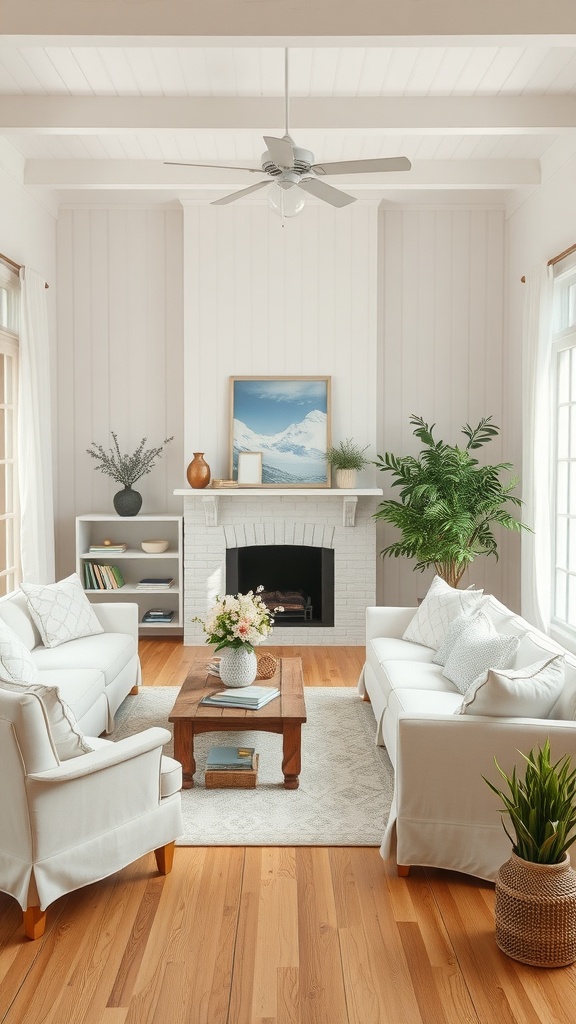 Modern farmhouse living room with bright whites and soft pastels, featuring a wooden coffee table and indoor plants.