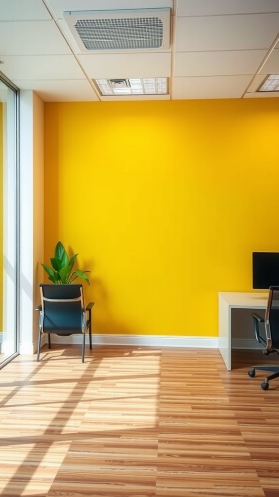 An office interior featuring a bright yellow accent wall, wooden flooring, a desk, a chair, and a plant.