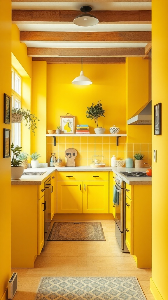 A bright yellow kitchen with wooden beams and greenery, showcasing cheerful vibes.