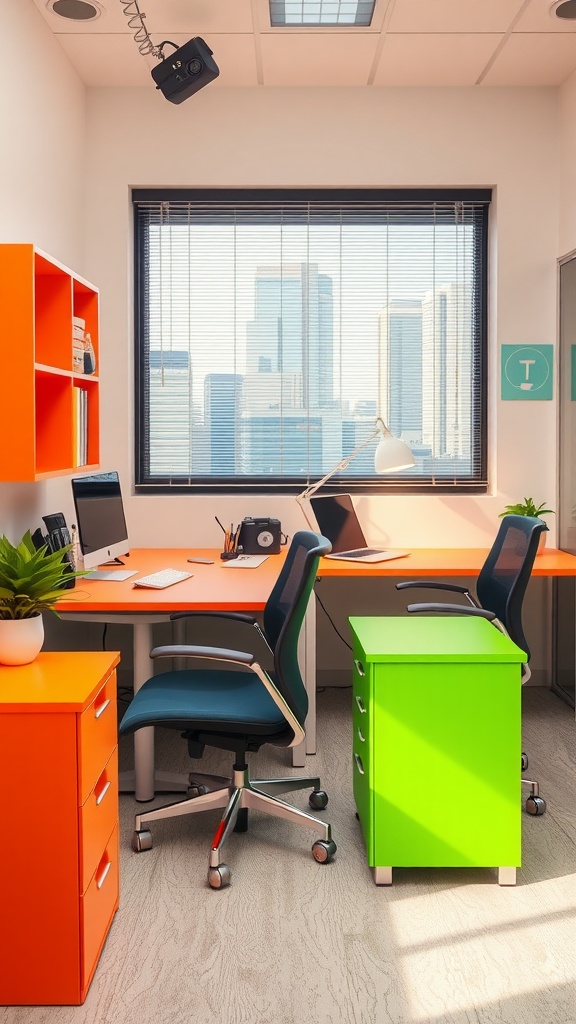 A small home office with bright orange desks, a green filing cabinet, and large windows offering a city view.