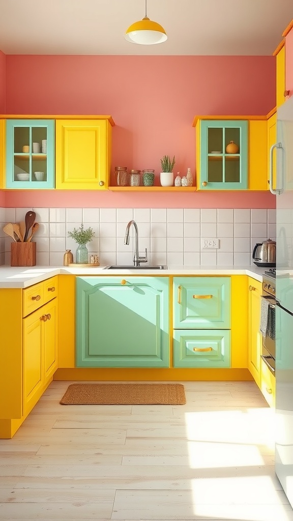 Brightly painted kitchen cabinets in yellow and turquoise with a coral wall, showcasing a vibrant farmhouse kitchen design.