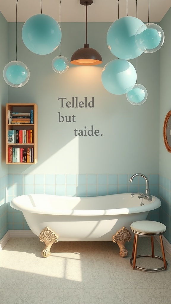 A bright bathroom featuring a clawfoot tub, colorful hanging lights, and a bookshelf filled with books.