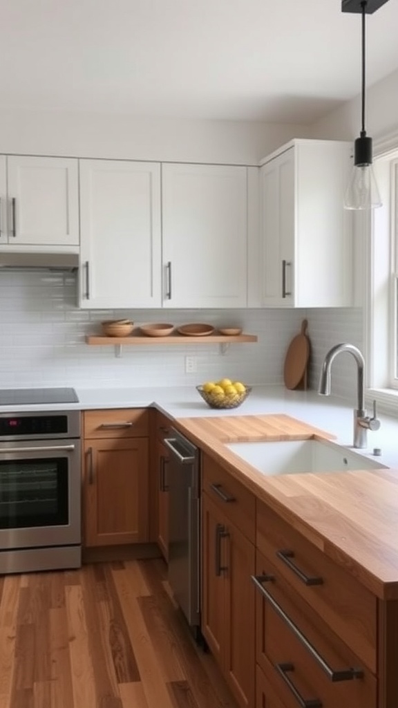A modern kitchen with wooden countertops, white cabinets, and a minimalist design.