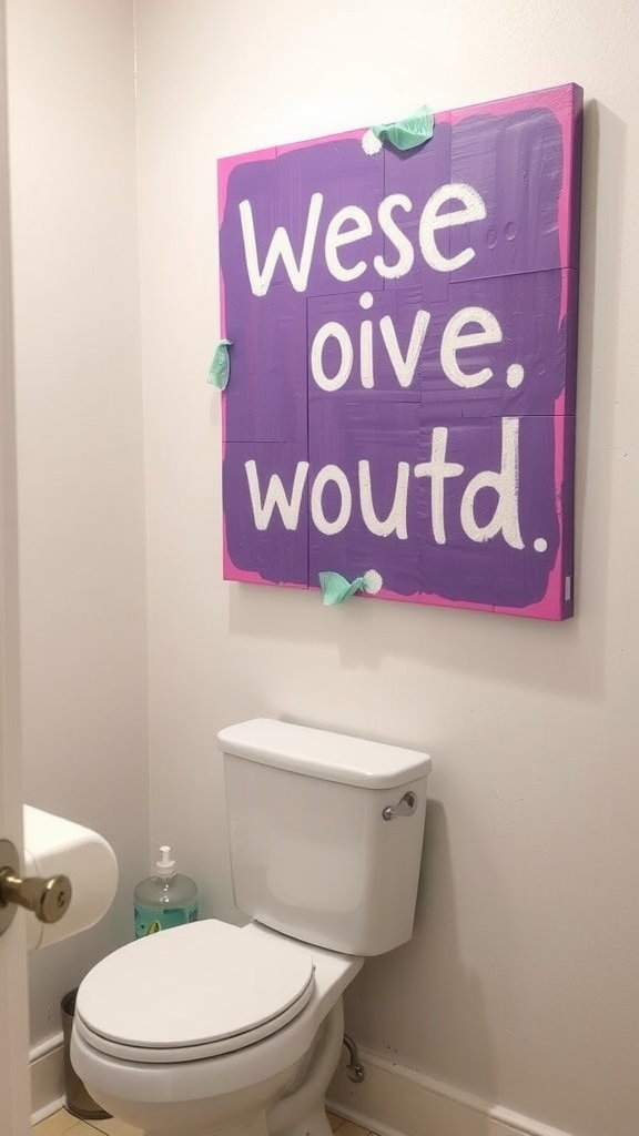 Colorful DIY artwork with playful text in a bathroom setting.