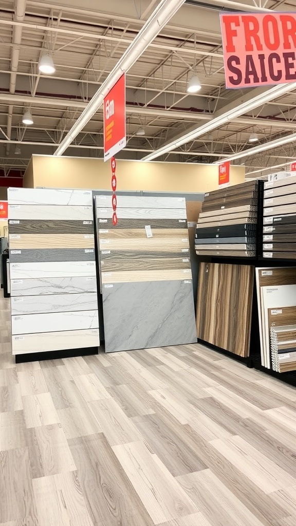 Display of various flooring and countertop samples in a home improvement store