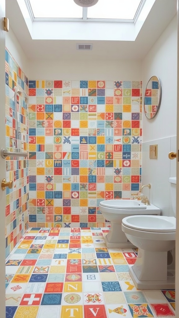 Colorful bathroom with tile stickers on walls and floor