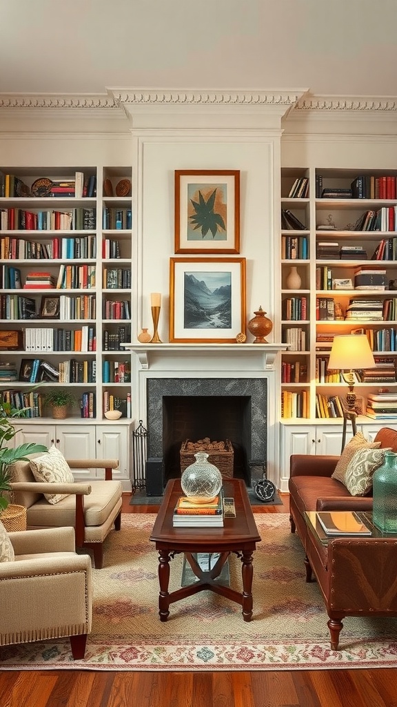 A cozy farmhouse living room featuring built-in bookcases filled with books and decorative items, centered around a fireplace.