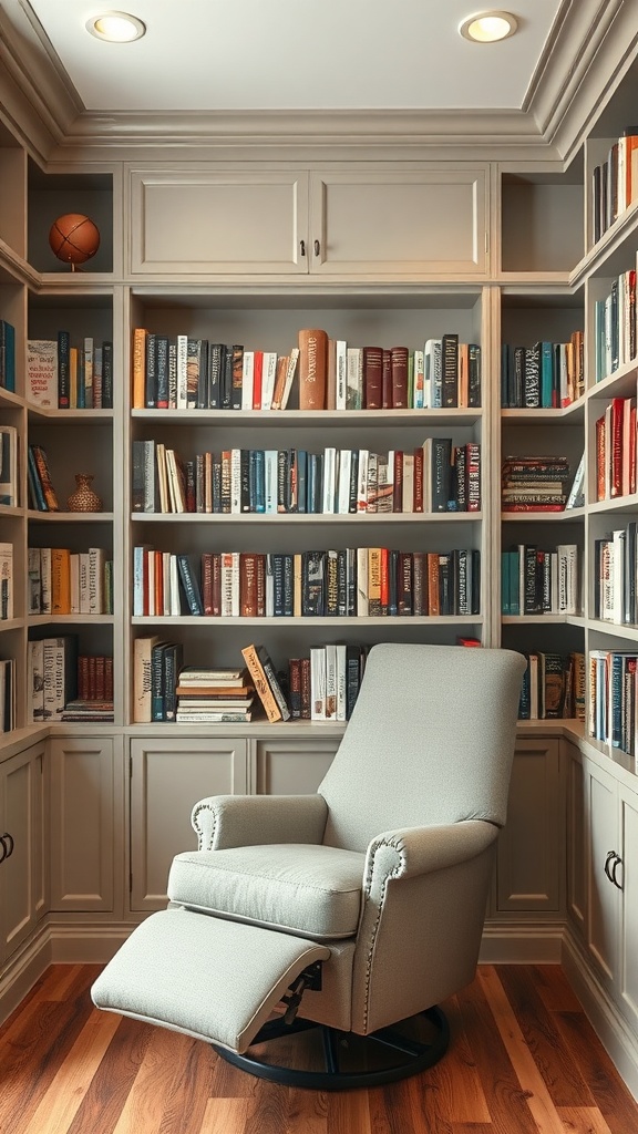 A cozy reading nook with built-in bookshelves filled with books and a soft recliner.