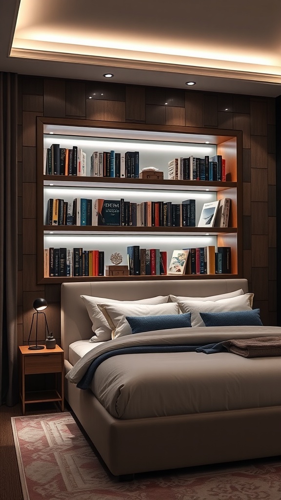 A cozy bedroom featuring built-in LED bookshelf lighting that highlights books and adds warmth to the space.