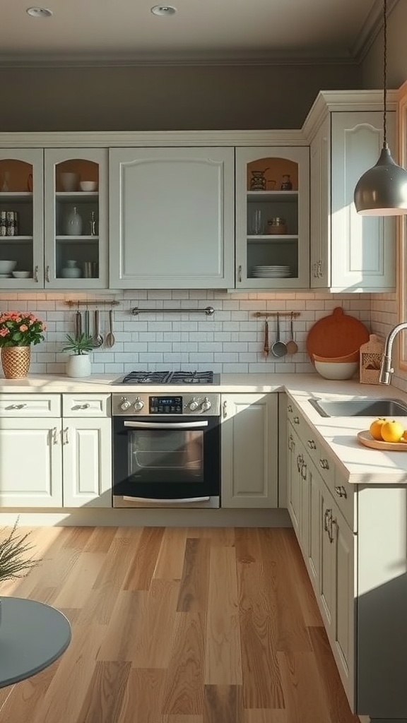 A bright kitchen with light-colored cabinets, wooden floors, and a cozy atmosphere.
