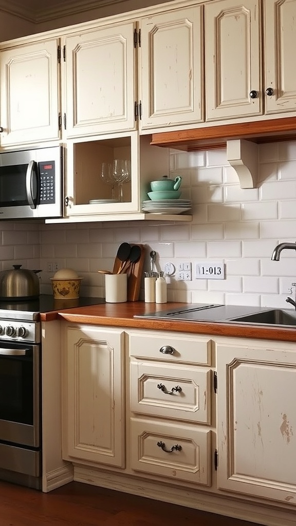 Cozy farmhouse kitchen with cream cabinetry and vintage hardware