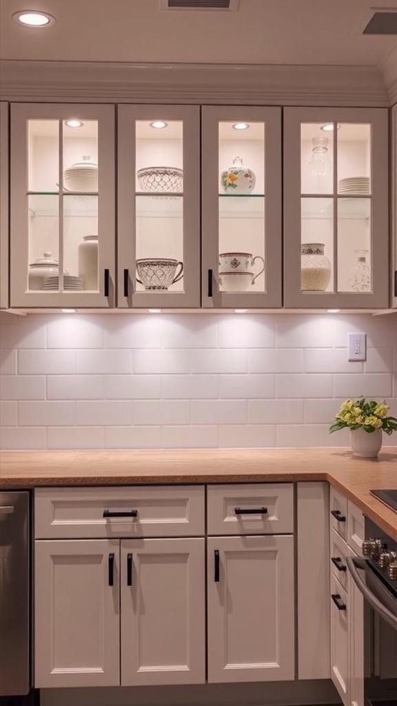 Farmhouse kitchen cabinets with built-in lighting displaying dishware.