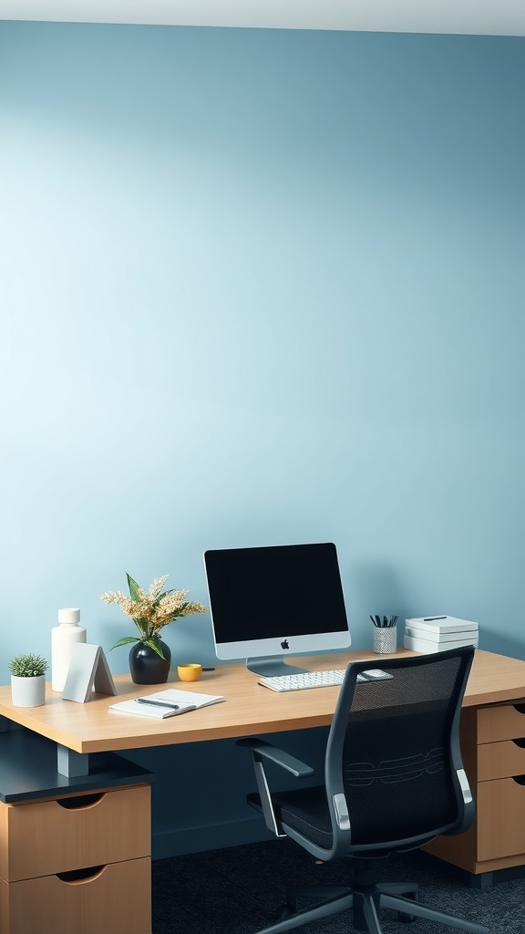 An office space with a calming blue accent wall, featuring a wooden desk, computer, and minimalistic décor.