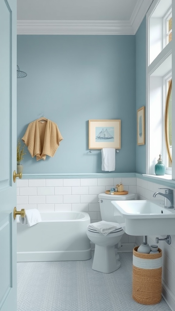A bathroom featuring soft blue walls, white tiles, and decorative accents that evoke a coastal theme.