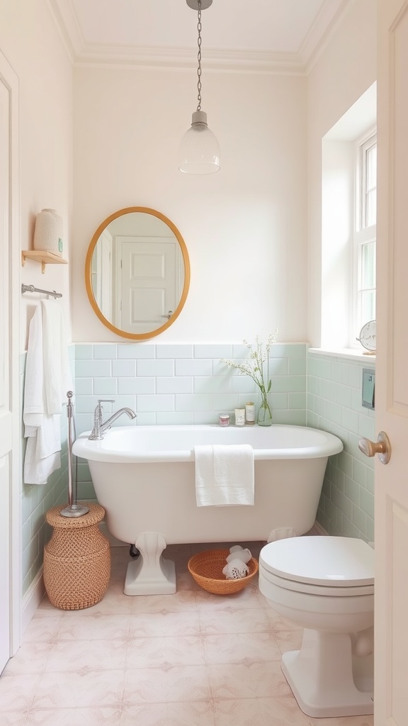 A pastel-colored bathroom featuring mint green tiles, a white bathtub, and natural wood accents.