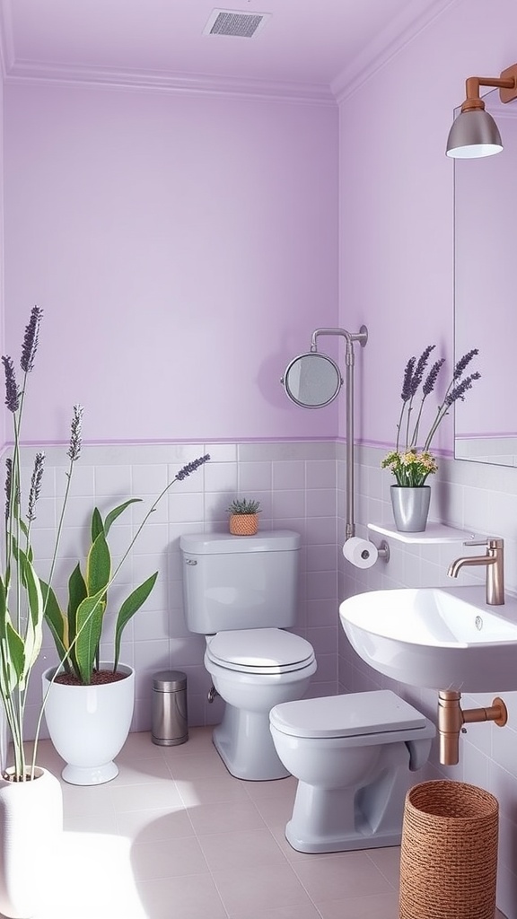 A bathroom featuring soft lavender walls, gray fixtures, and plants, creating a calming atmosphere.